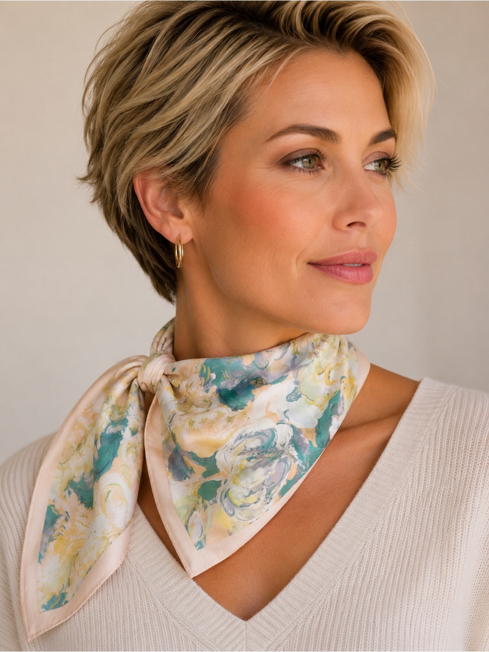 🆕❤️Silk-Feel Floral Square Scarf in Teal & Cream